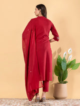 Red cotton silk embellished festive kurti set with dupatta