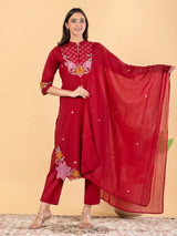 Red cotton silk embellished festive kurti set with dupatta