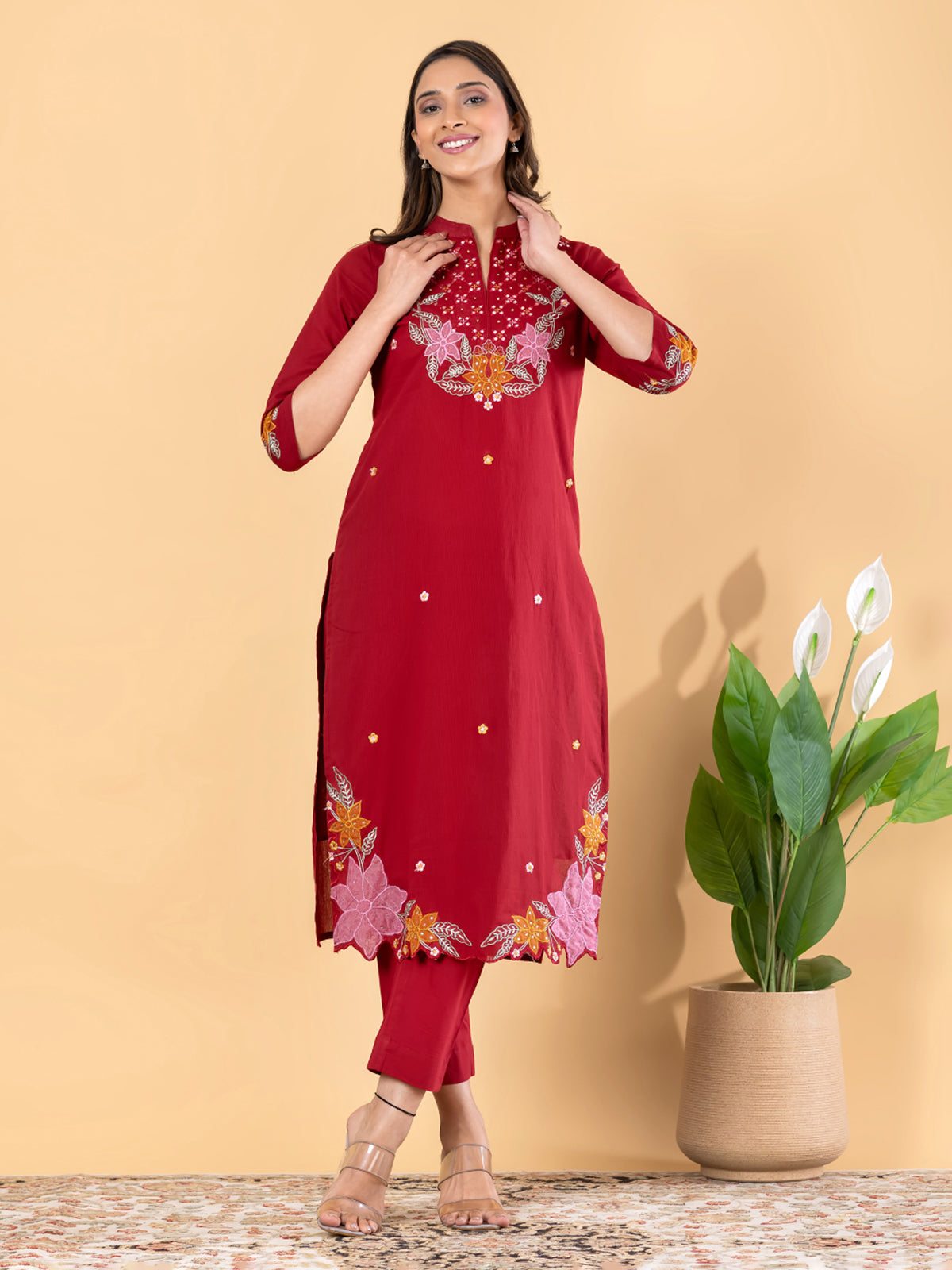 Red cotton silk embellished festive kurti set with dupatta