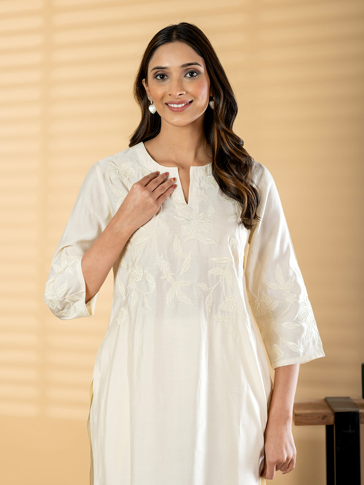 White cotton silk yoke embroidered kurti pant set