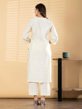 White cotton silk yoke embroidered kurti pant set