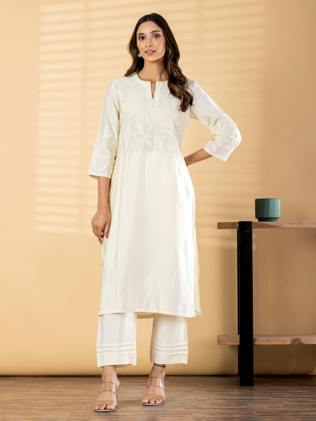 White cotton silk yoke embroidered kurti pant set