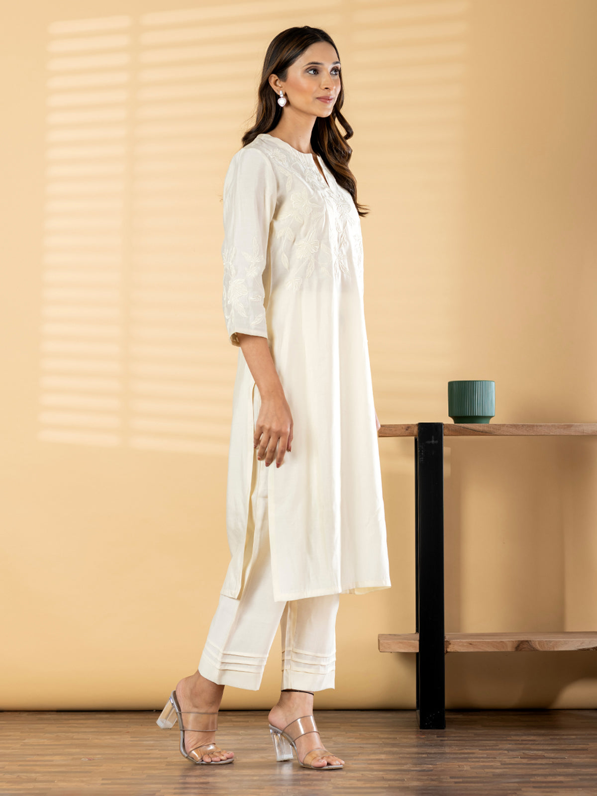 White cotton silk yoke embroidered kurti pant set