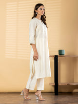 White cotton silk yoke embroidered kurti pant set