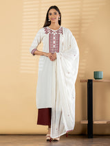 White cotton silk maroon palazzo kurti set with dupatta
