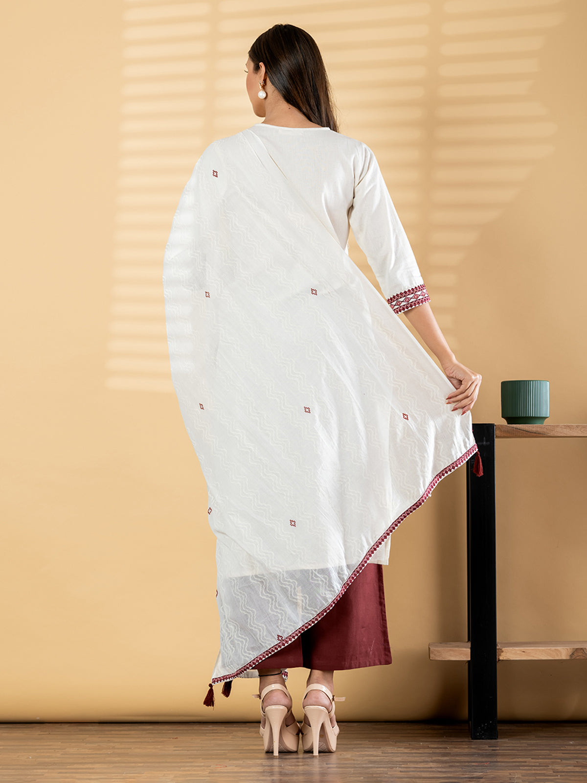 White cotton silk maroon palazzo kurti set with dupatta