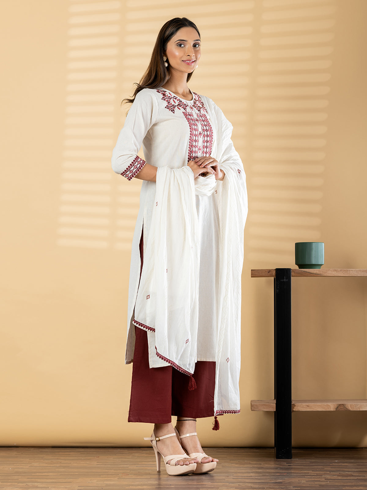 White cotton silk maroon palazzo kurti set with dupatta