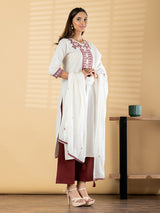 White cotton silk maroon palazzo kurti set with dupatta