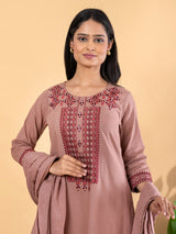 Light brown cotton silk embroidered kurti set with dupatta