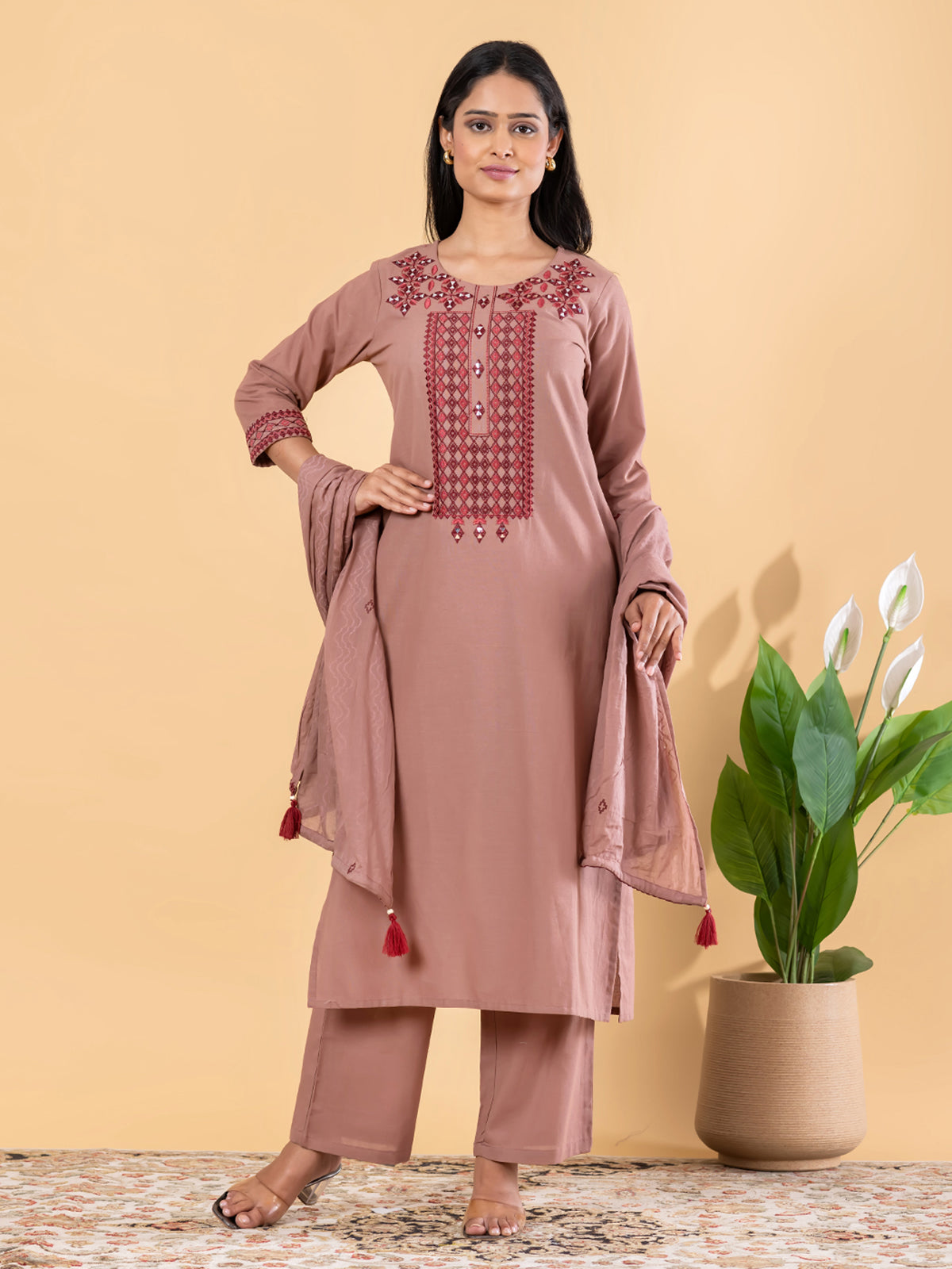 Light brown cotton silk embroidered kurti set with dupatta