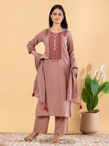 Light brown cotton silk embroidered kurti set with dupatta