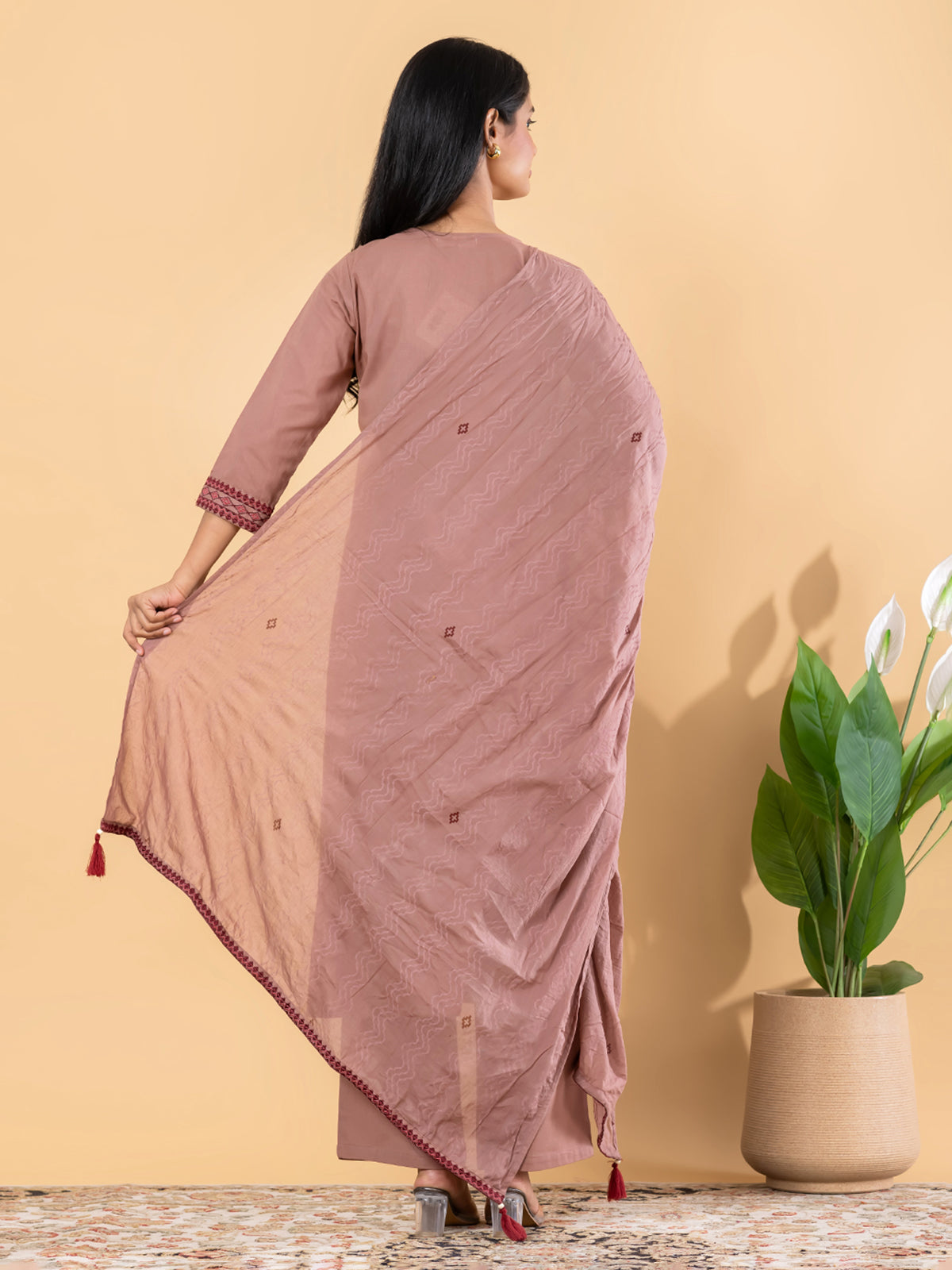 Light brown cotton silk embroidered kurti set with dupatta