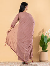 Light brown cotton silk embroidered kurti set with dupatta
