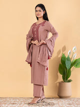 Light brown cotton silk embroidered kurti set with dupatta