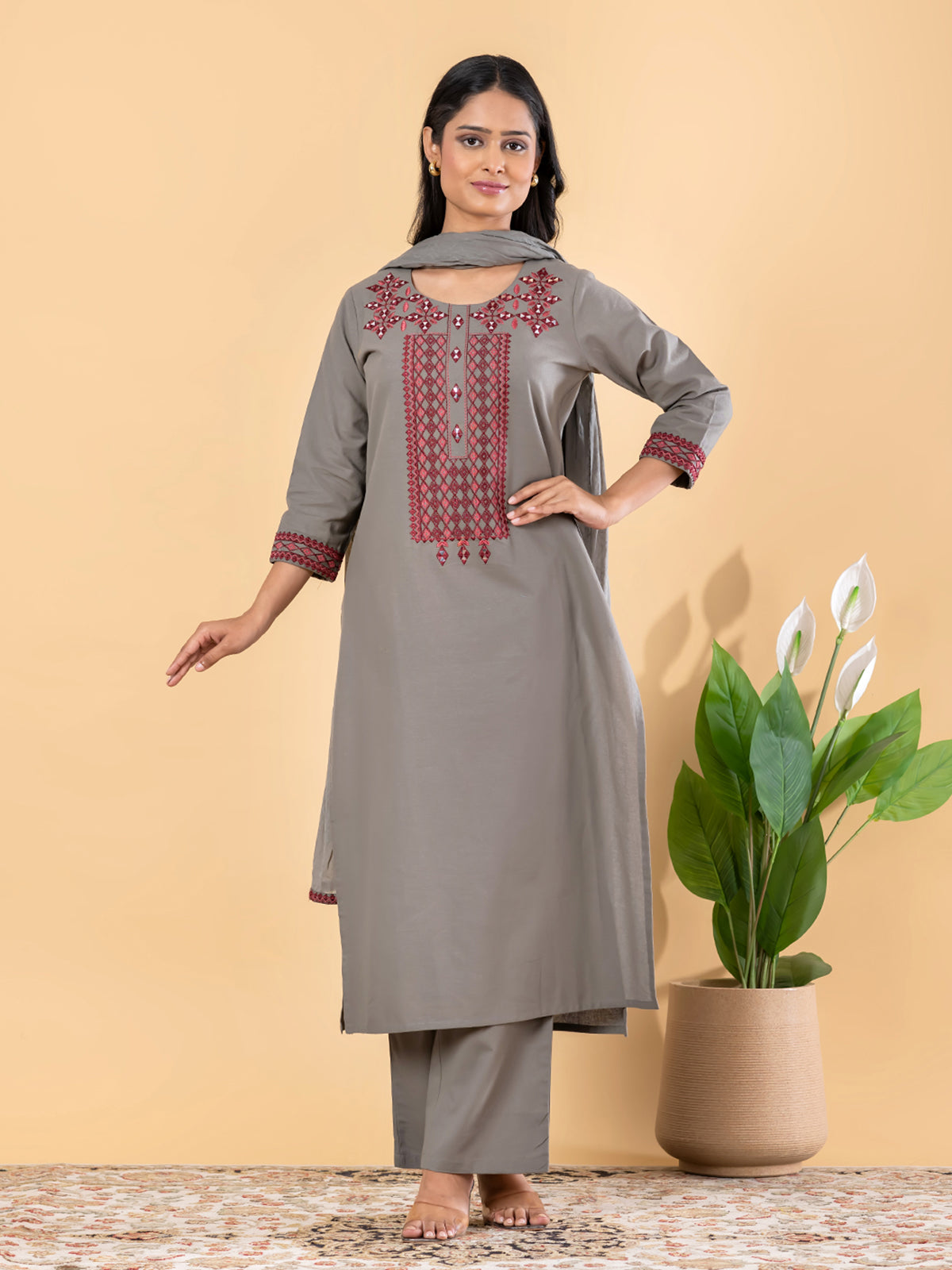 Grey cotton silk embroidered festive kurti set