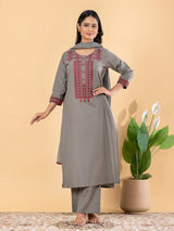 Grey cotton silk embroidered festive kurti set