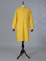 Yellow cotton kurta suit with refined thread work