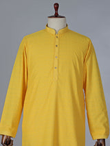 Yellow cotton kurta suit with refined thread work