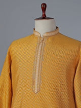 Printed yellow cotton silk kurta suit for festive occasions