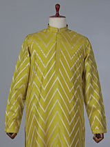 Mehendi yellow cotton silk kurta suit with zari detailing