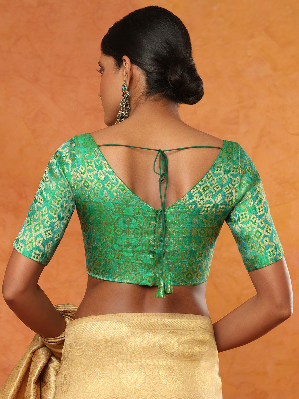 Mint green brocade boat neck half sleeve readymade blouse