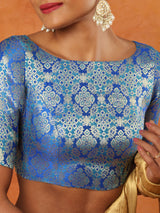 Blue brocade boat neck half sleeve readymade blouse