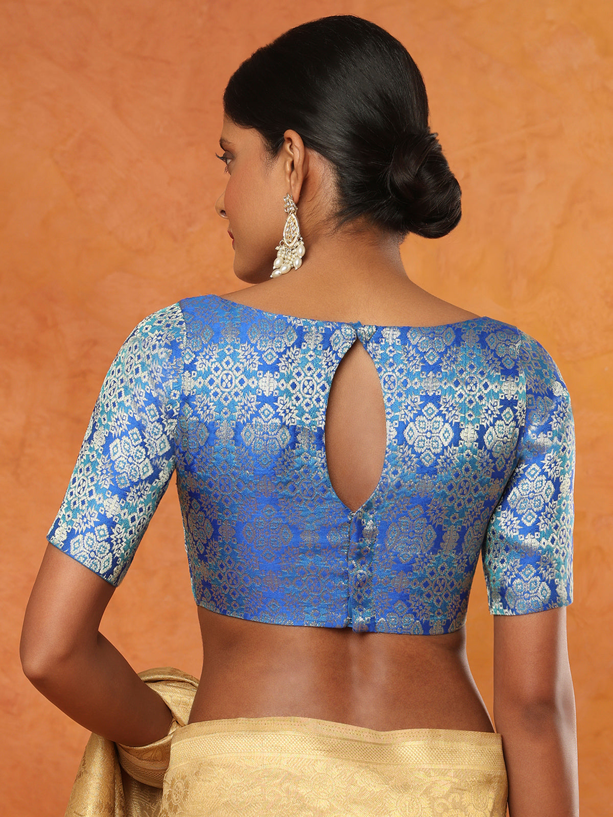 Blue brocade boat neck half sleeve readymade blouse