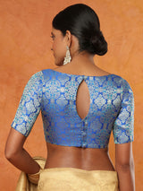 Blue brocade boat neck half sleeve readymade blouse