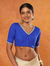 Blue rayon V-neck elbow sleeve readymade blouse