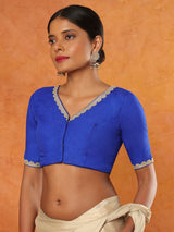 Blue rayon V-neck elbow sleeve readymade blouse