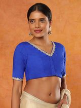 Blue rayon V-neck elbow sleeve readymade blouse