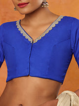 Blue rayon V-neck elbow sleeve readymade blouse