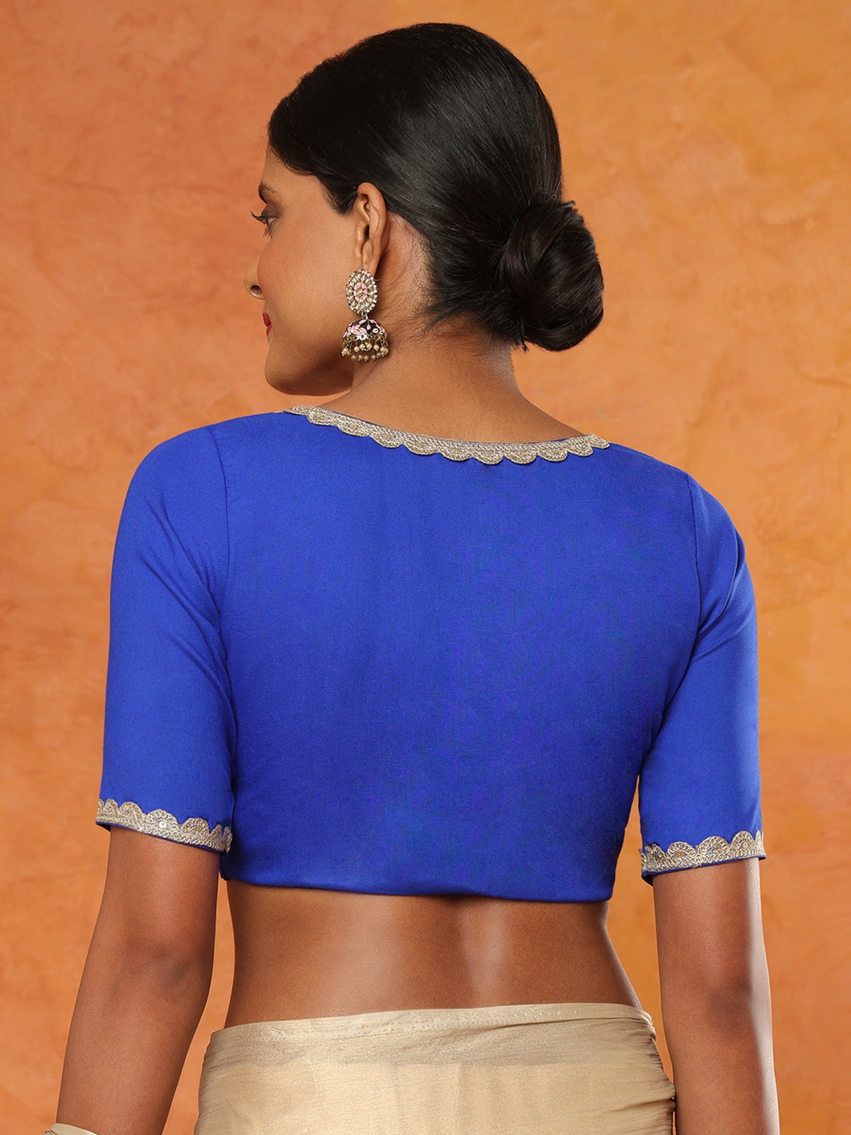 Blue rayon V-neck elbow sleeve readymade blouse