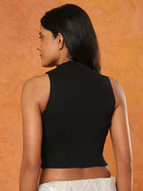 Black knitted halter neck sleeveless readymade blouse