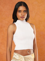 White knitted halter neck sleeveless readymade blouse
