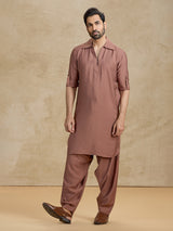 Plain brown cotton silk eid pathani suit