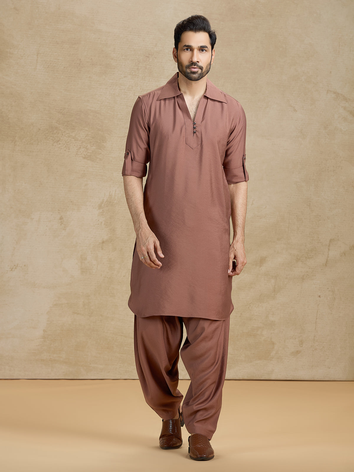 Plain brown cotton silk eid pathani suit