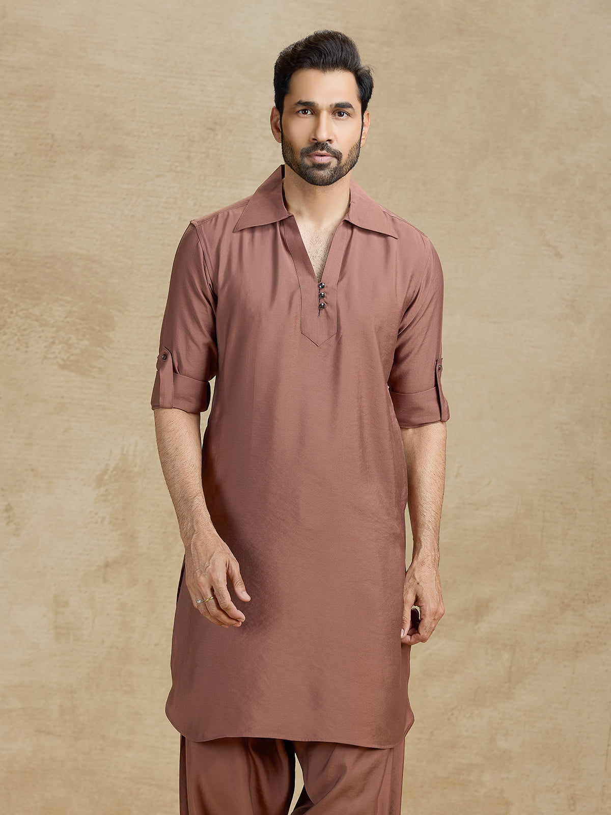 Plain brown cotton silk eid pathani suit