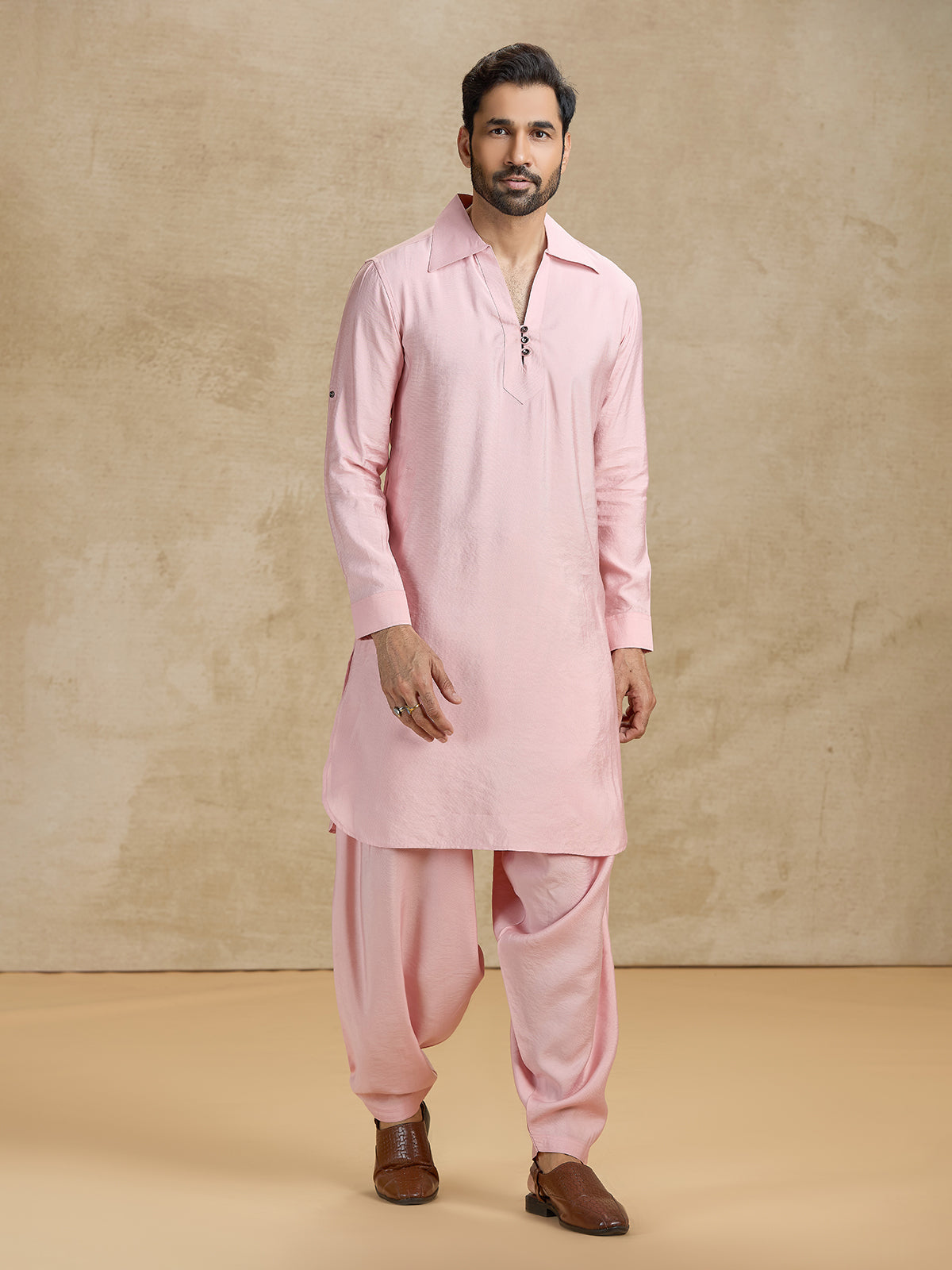 Pink cotton silk traditional pathani kurta suit