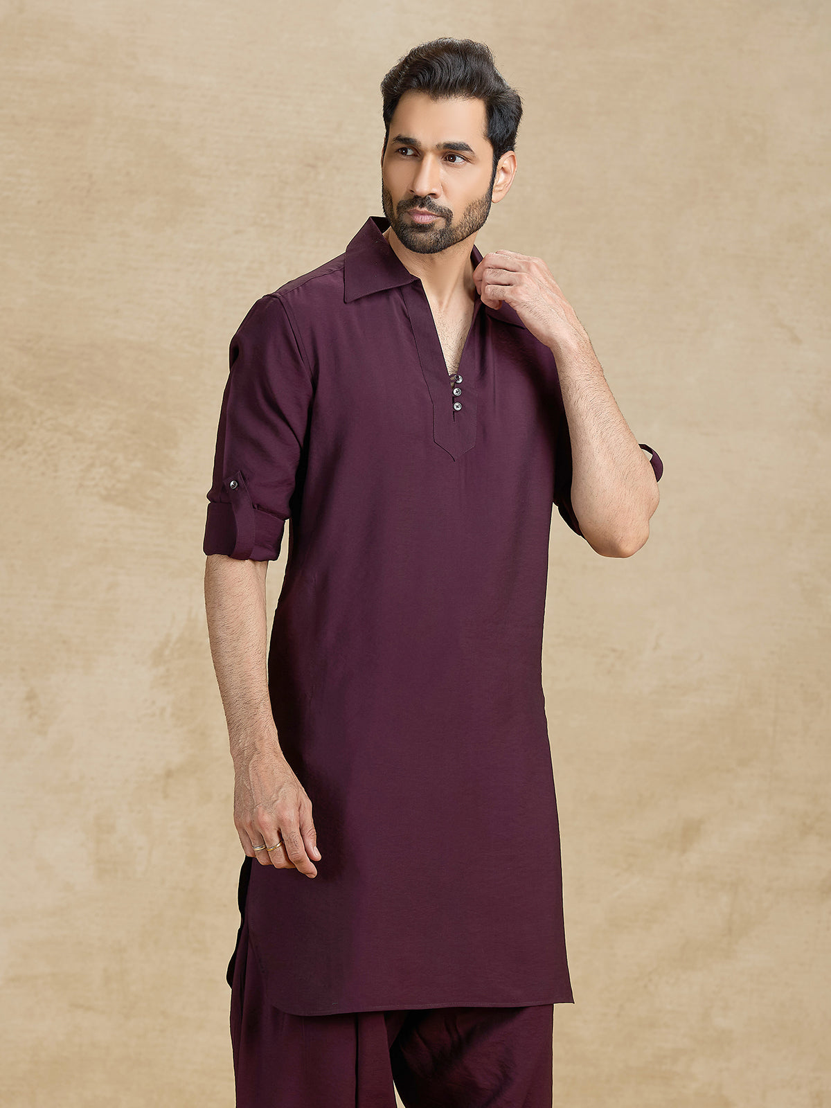 Wine cotton silk festive pathani kurta suit