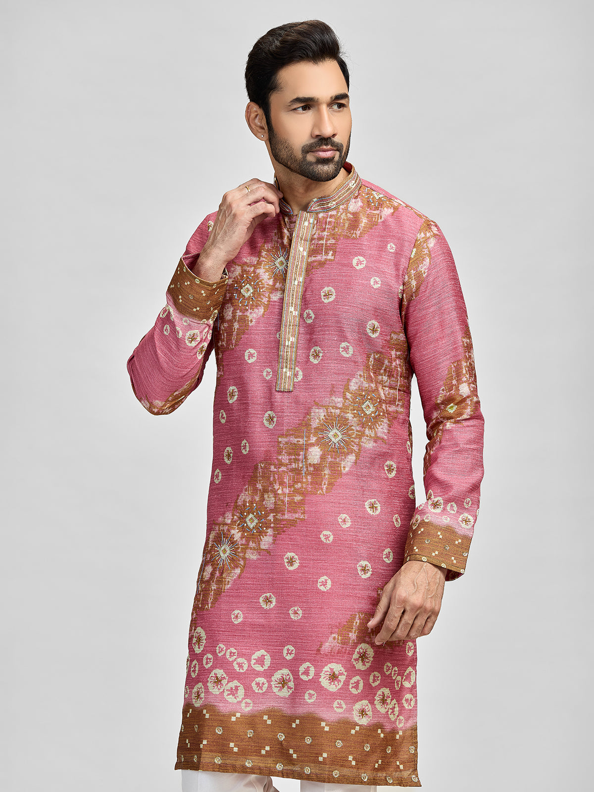 Pink brown festive designer kurta set for gentlemen