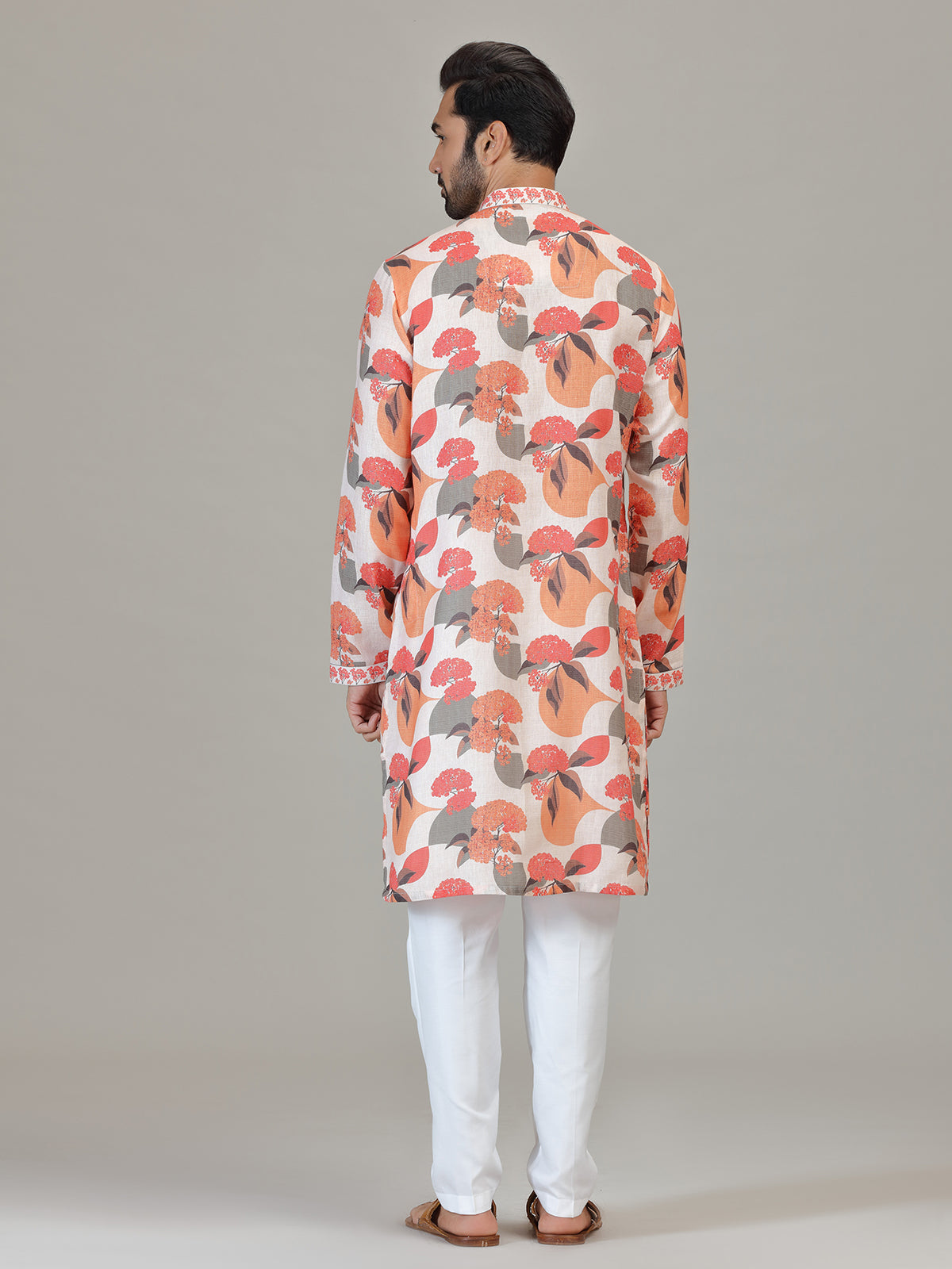 Off white floral printed ethnic kurta pajama for men