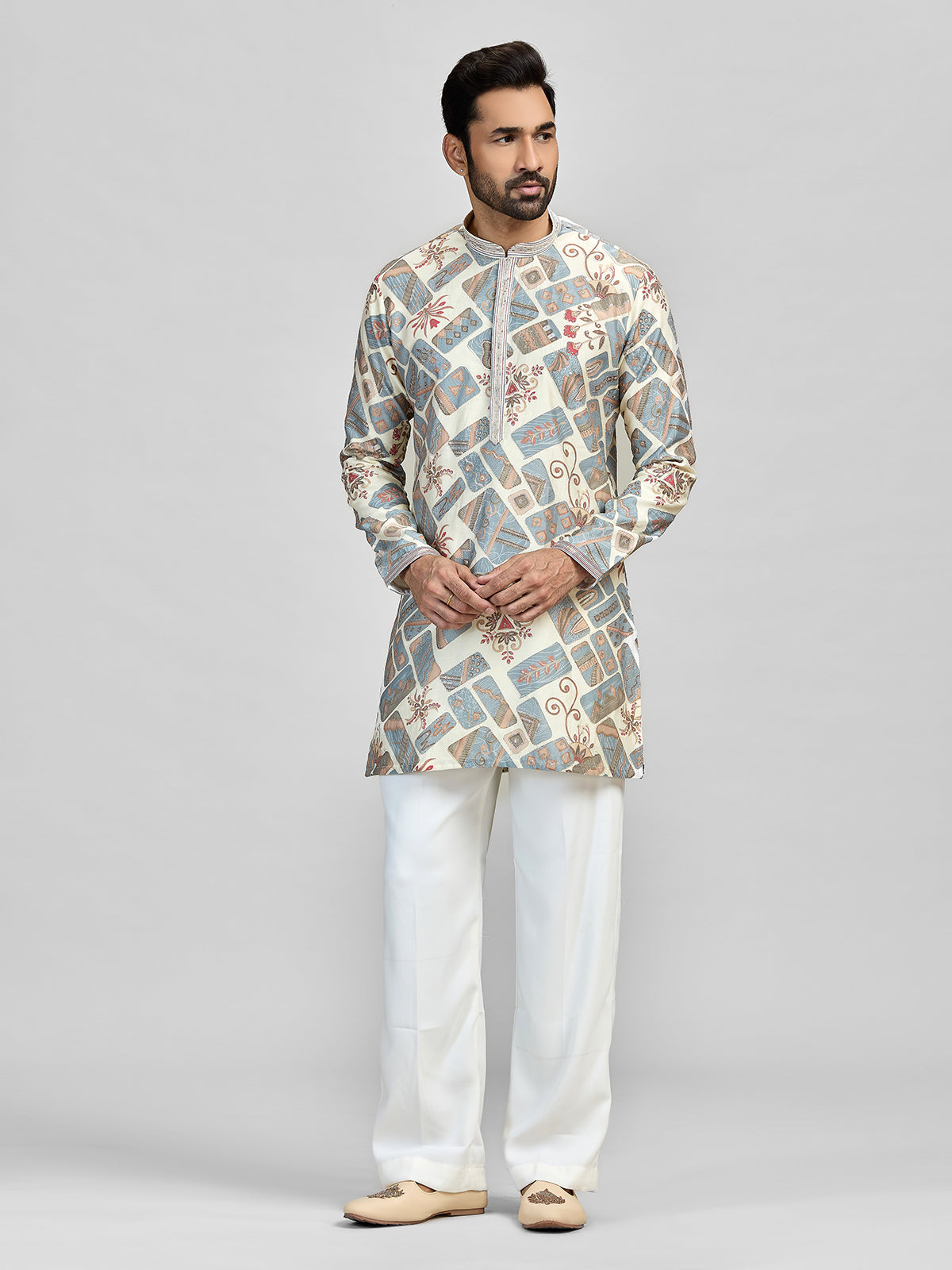 Cream grey abstract printed silk kurta suit for men