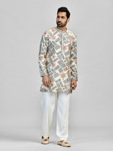 Cream grey abstract printed silk kurta suit for men