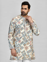Cream grey abstract printed silk kurta suit for men