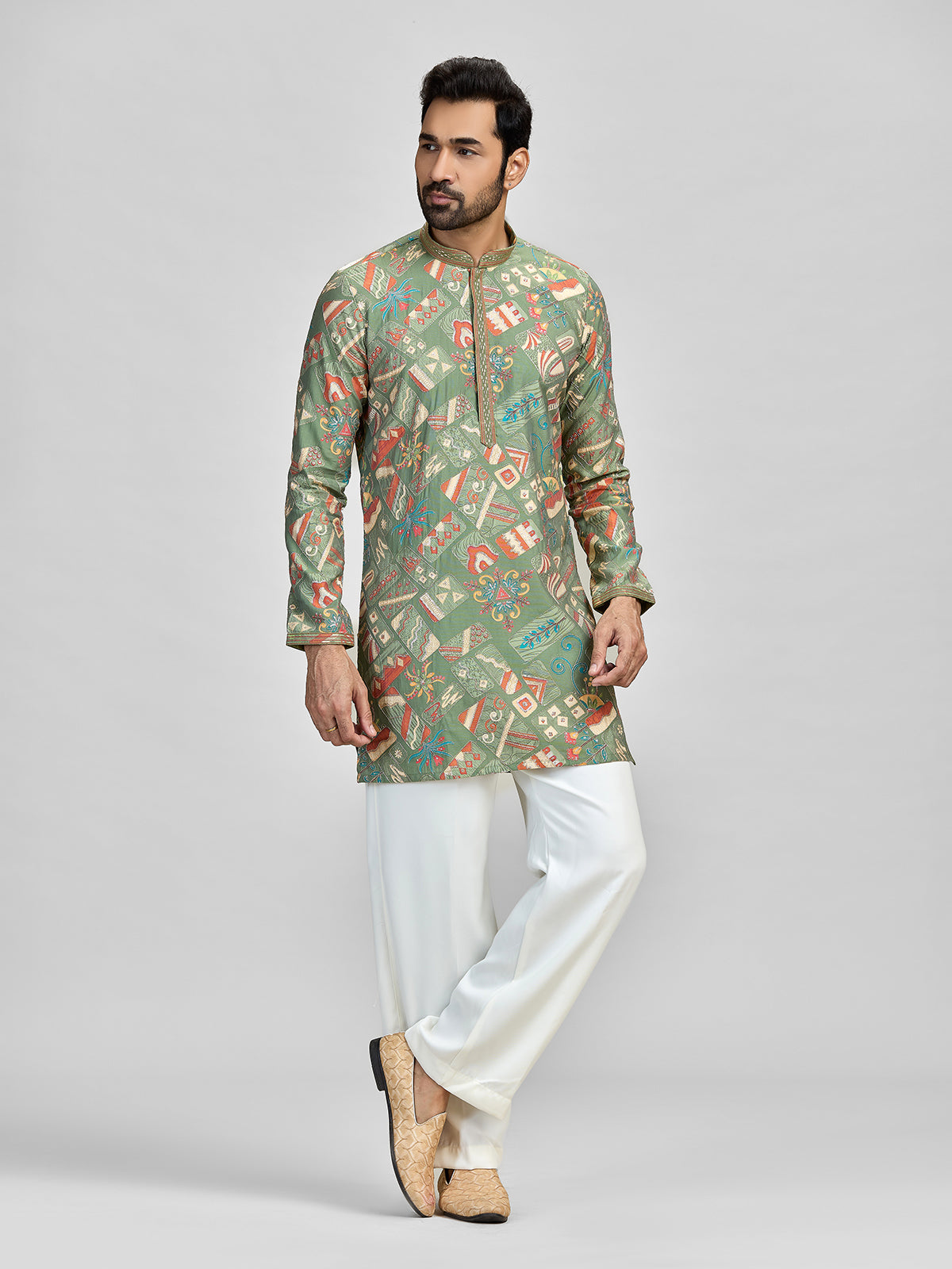 Green vibrant festive silk kurta set for gentlemen