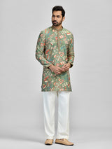 Green vibrant festive silk kurta set for gentlemen