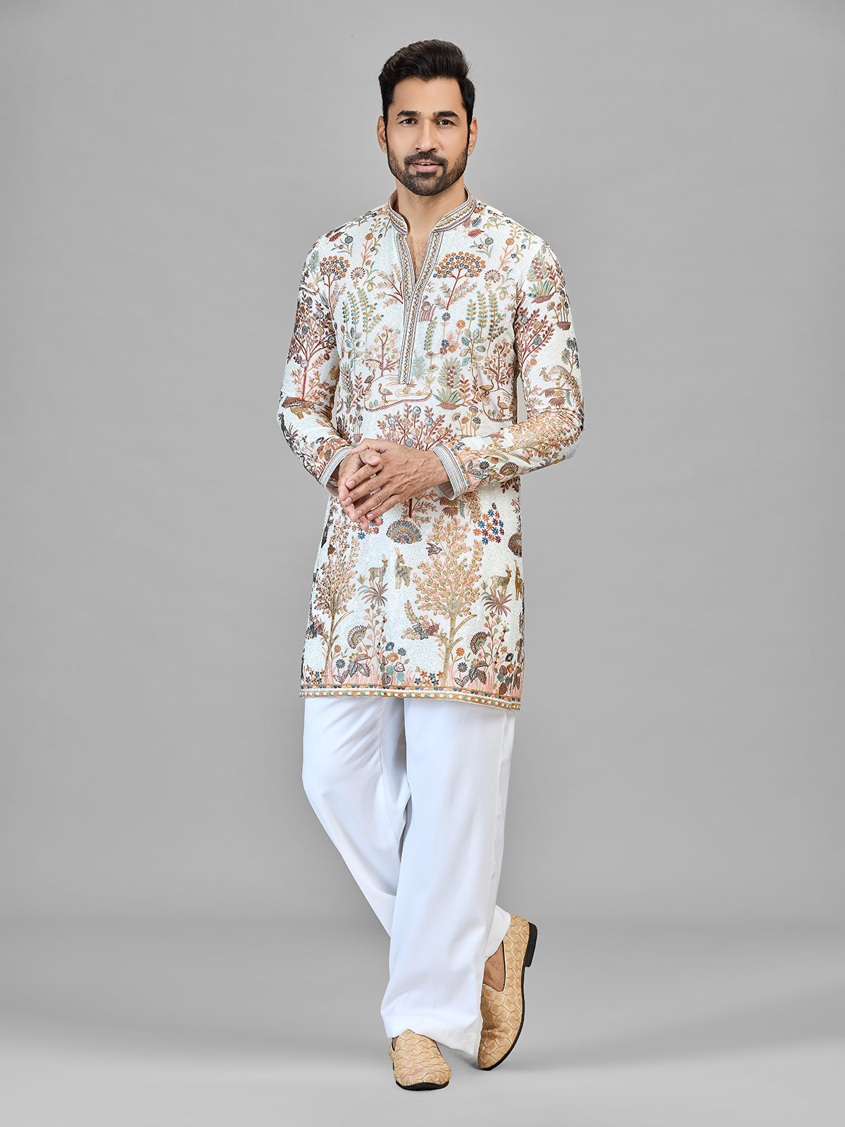 Cream georgette floral fauna festive showcase