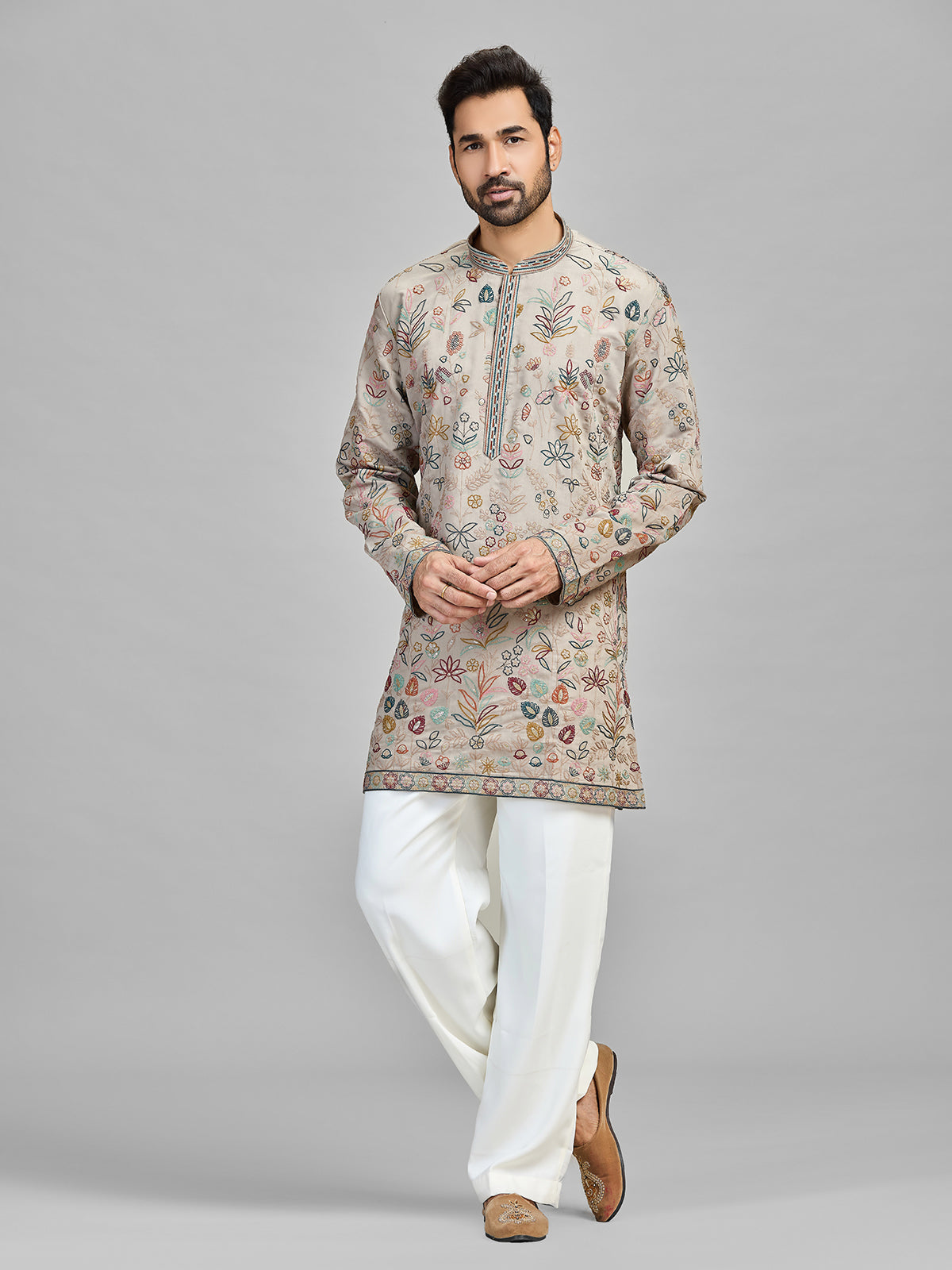 Grey silk sequinned festive couture ensemble