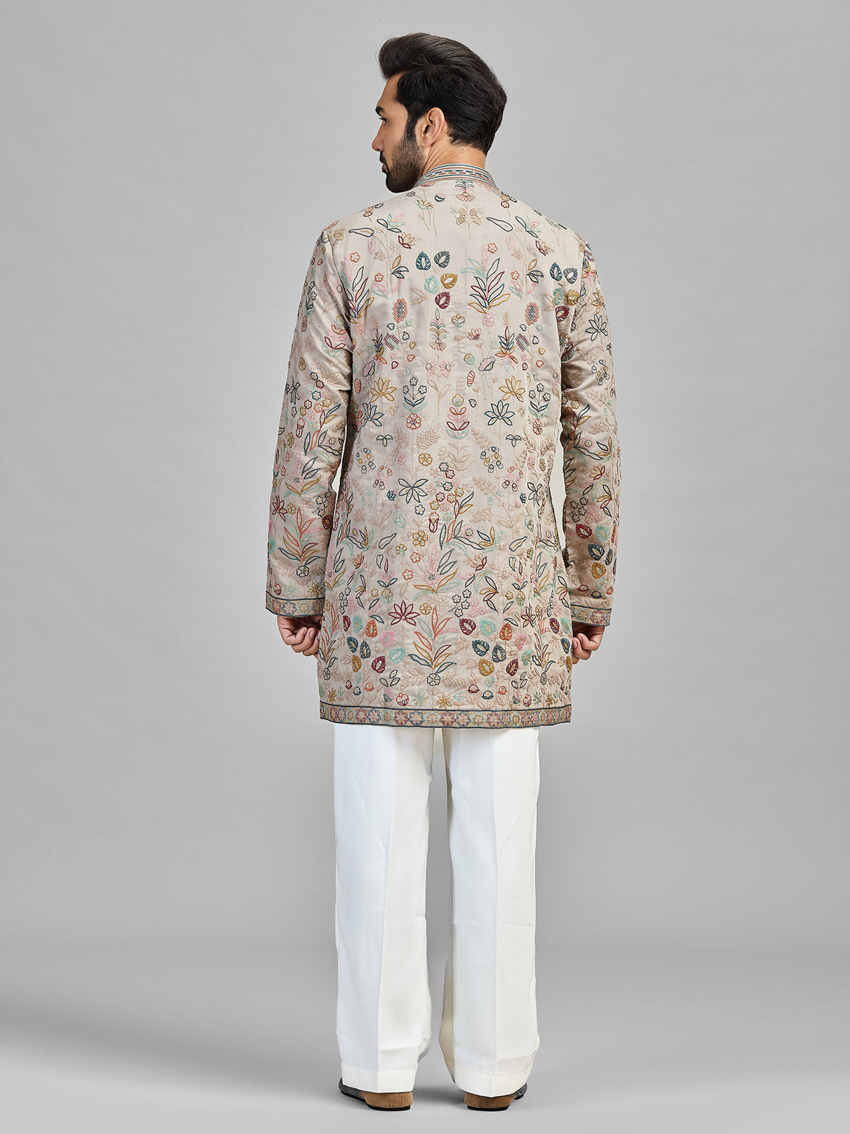 Grey silk sequinned festive couture ensemble